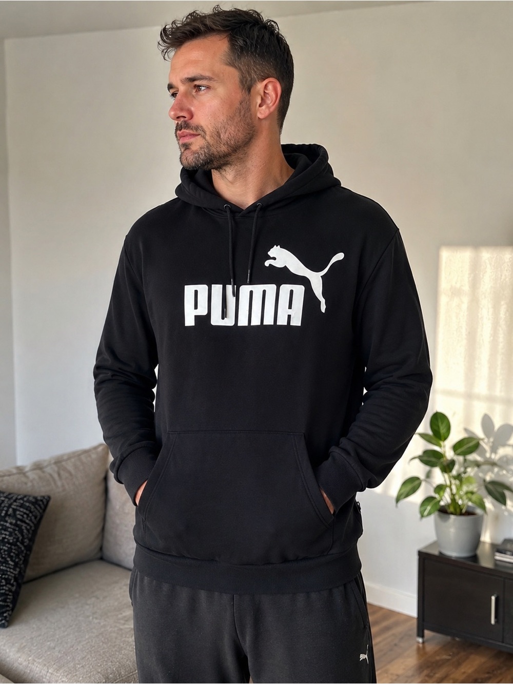 Puma Black Logo Fleece Pullover Hoodie Men’s XL Kangaroo Pocket